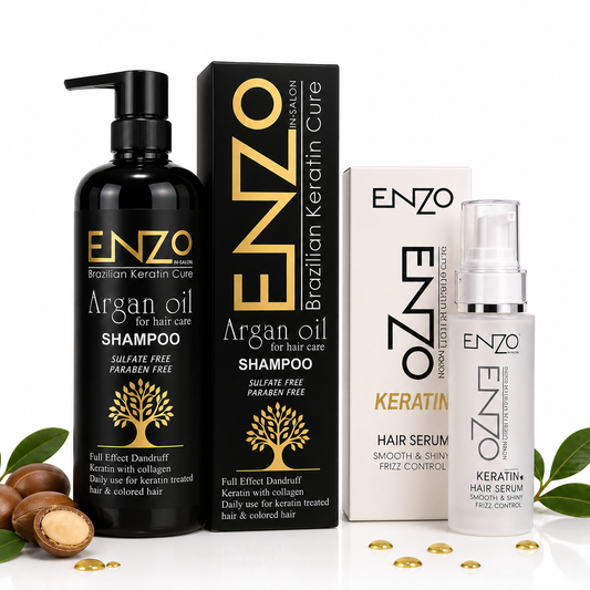 ENZO Brazilian Keratin Cure Argan Oil Shampoo & Hair Serum Bundle – Sulfate Free Hair Care Solution