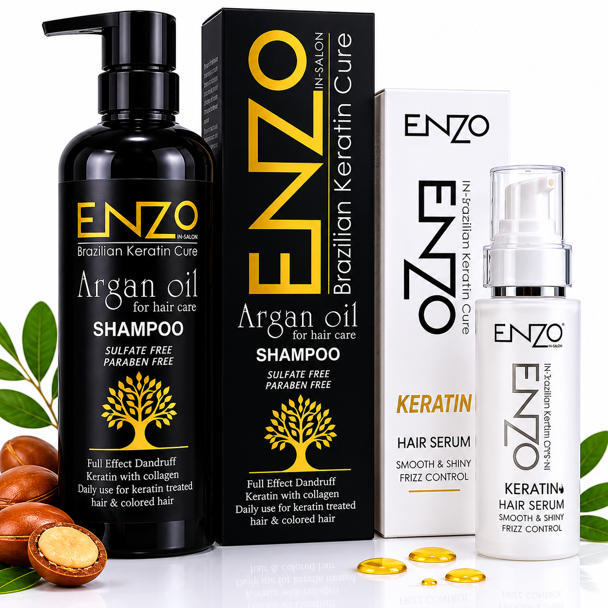 ENZO Brazilian Keratin Cure Argan Oil Shampoo & Hair Serum Bundle – Sulfate Free Hair Care Solution