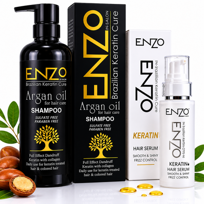 ENZO Brazilian Keratin Cure Argan Oil Shampoo & Hair Serum Bundle – Sulfate Free Hair Care Solution