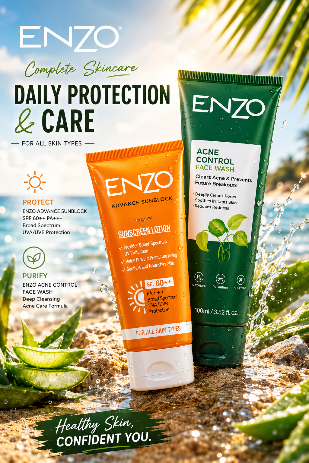 ENZO Acne + Sun Combo | Face Wash & SPF 60++ Sunblock — Daily Skin Care Kit
