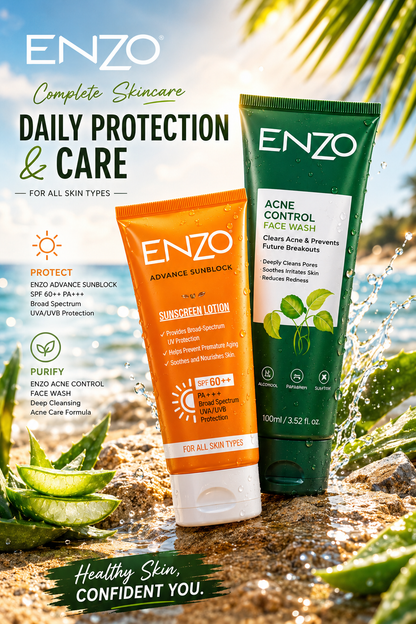 ENZO Acne + Sun Combo | Face Wash & SPF 60++ Sunblock — Daily Skin Care Kit