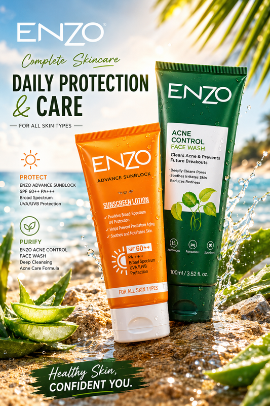 ENZO Acne + Sun Combo | Face Wash & SPF 60++ Sunblock — Daily Skin Care Kit