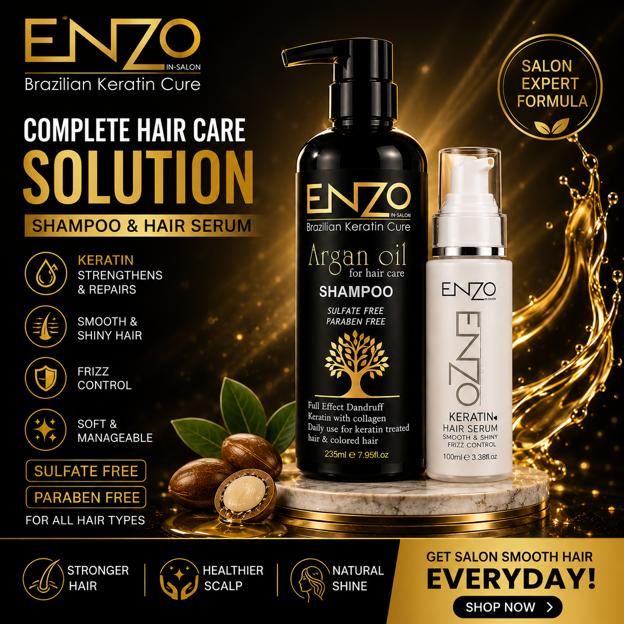 ENZO Brazilian Keratin Cure Argan Oil Shampoo & Hair Serum Bundle – Sulfate Free Hair Care Solution