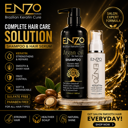 ENZO Brazilian Keratin Cure Argan Oil Shampoo & Hair Serum Bundle – Sulfate Free Hair Care Solution