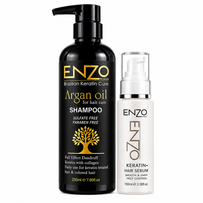 ENZO Brazilian Keratin Cure Argan Oil Shampoo & Hair Serum Bundle – Sulfate Free Hair Care Solution
