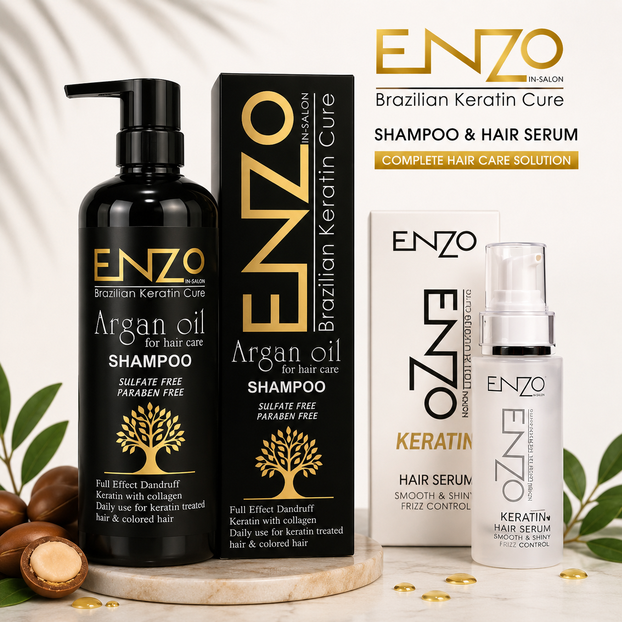 ENZO Brazilian Keratin Cure Argan Oil Shampoo & Hair Serum Bundle – Sulfate Free Hair Care Solution