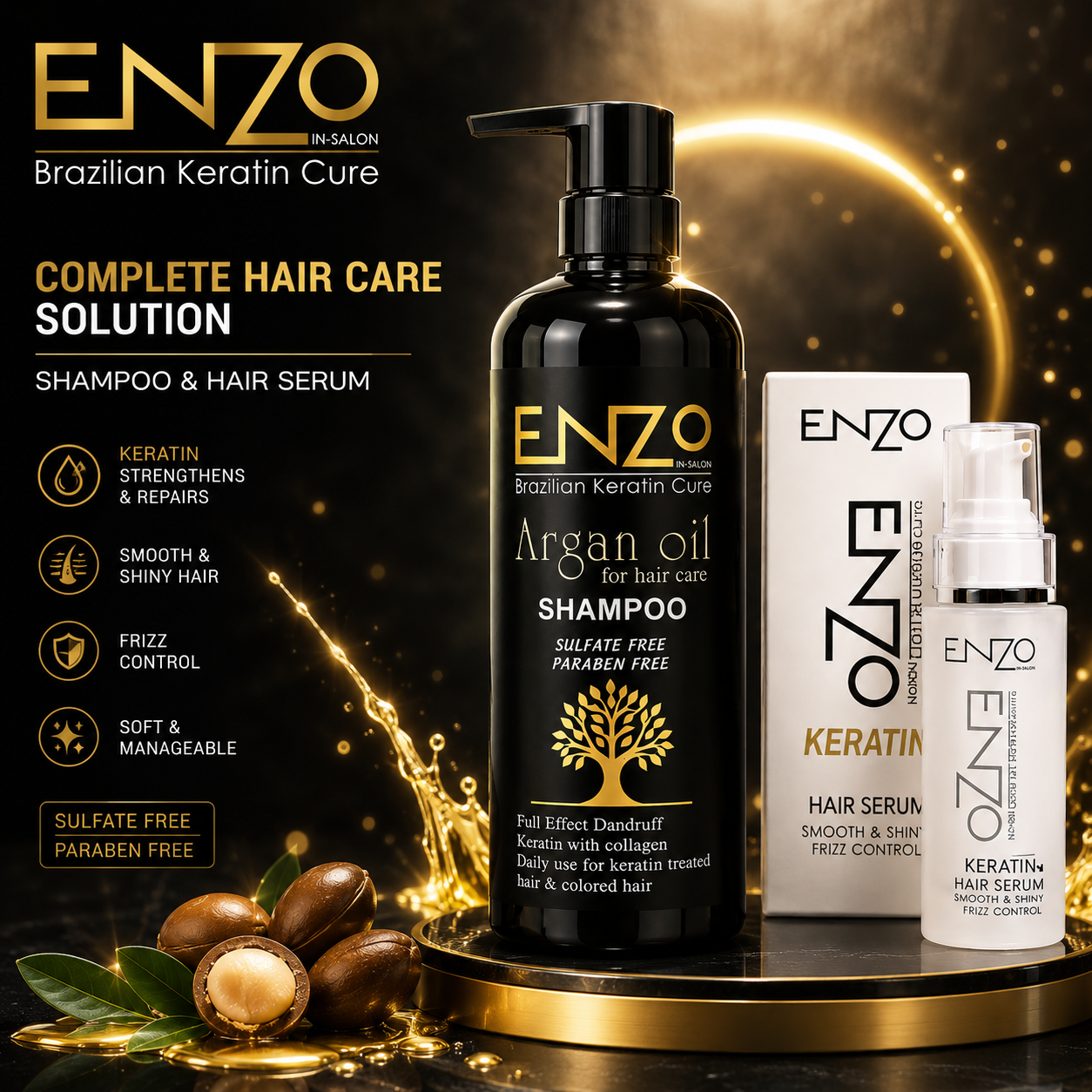 ENZO Brazilian Keratin Cure Argan Oil Shampoo & Hair Serum Bundle – Sulfate Free Hair Care Solution