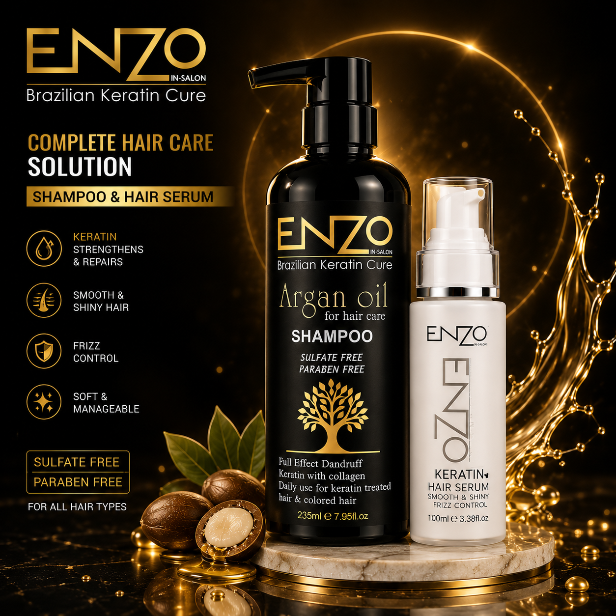 ENZO Brazilian Keratin Cure Argan Oil Shampoo & Hair Serum Bundle – Sulfate Free Hair Care Solution