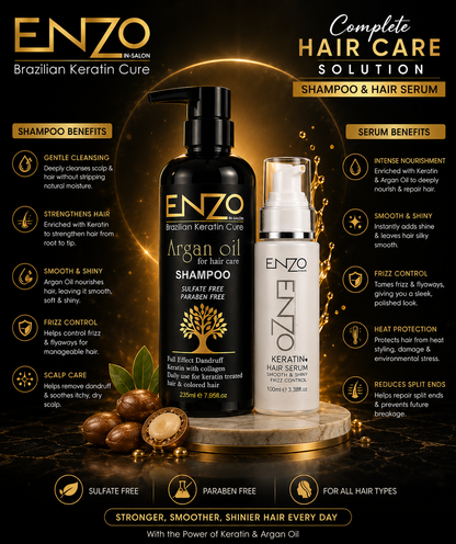 ENZO Brazilian Keratin Cure Argan Oil Shampoo & Hair Serum Bundle – Sulfate Free Hair Care Solution